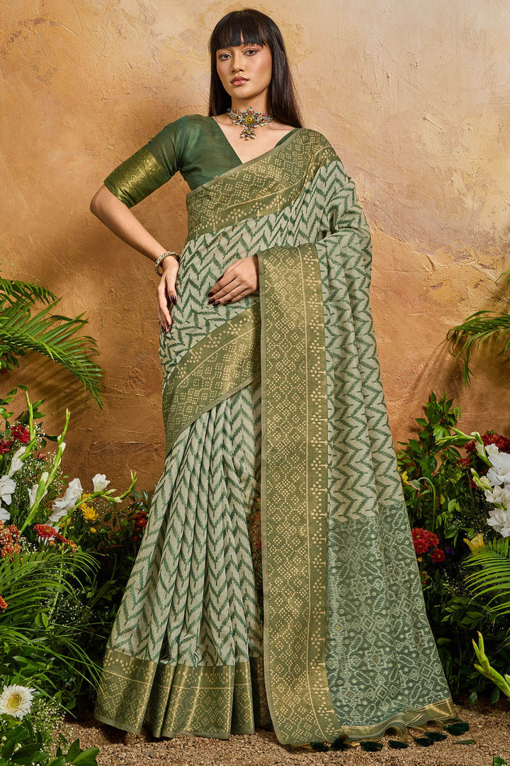 Muddy Green Viscose Cotton Patola Silk Saree