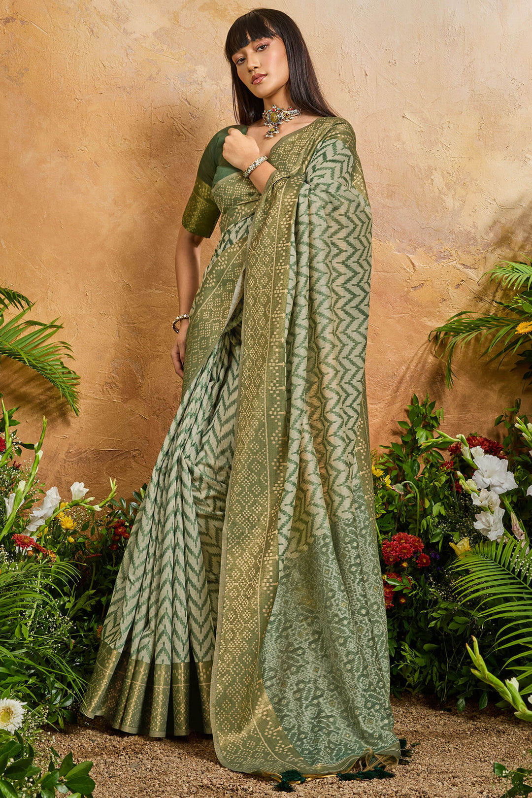 Muddy Green Viscose Cotton Patola Silk Saree