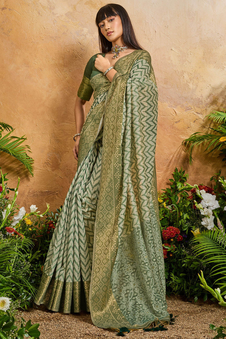 Muddy Green Viscose Cotton Patola Silk Saree