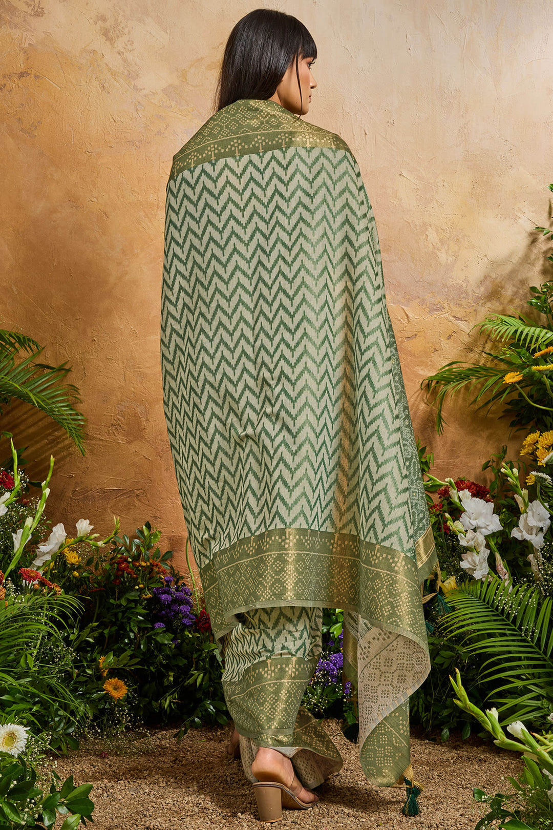 Muddy Green Viscose Cotton Patola Silk Saree