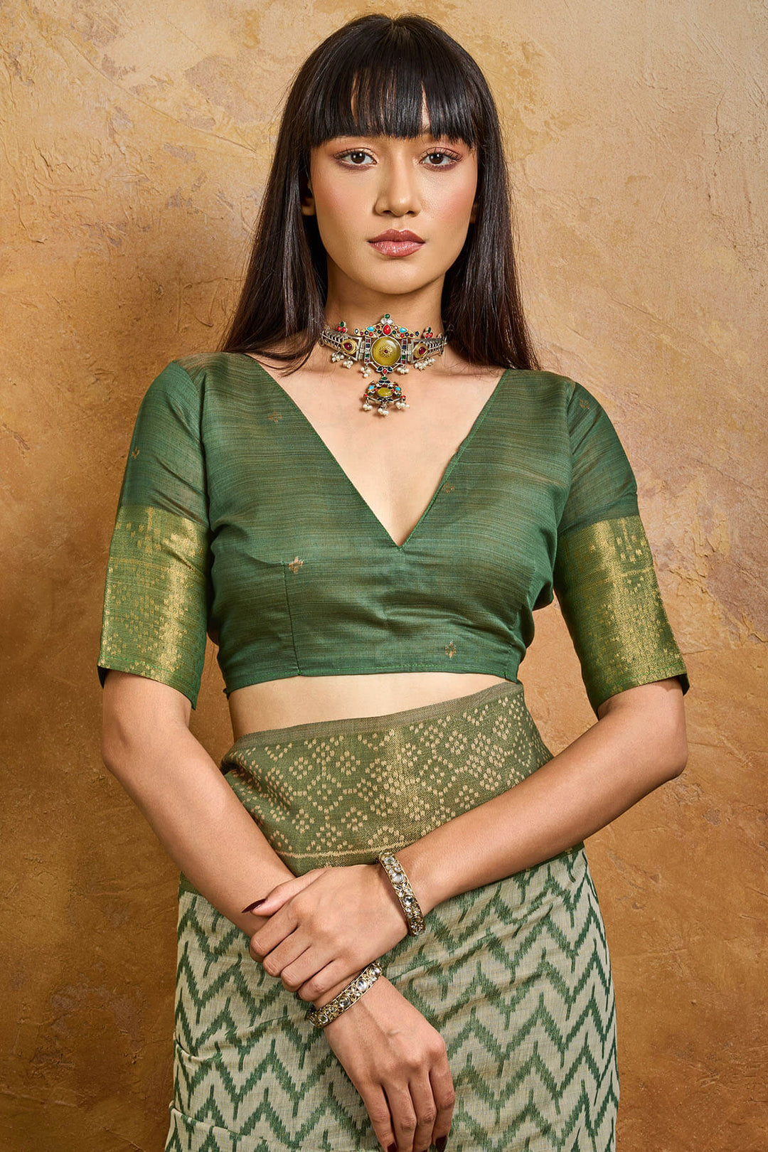 Muddy Green Viscose Cotton Patola Silk Saree