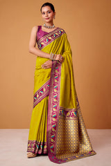 Muddy Yellow Banarasi Soft Satin Silk Saree