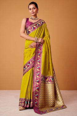 Muddy Yellow Banarasi Soft Satin Silk Saree