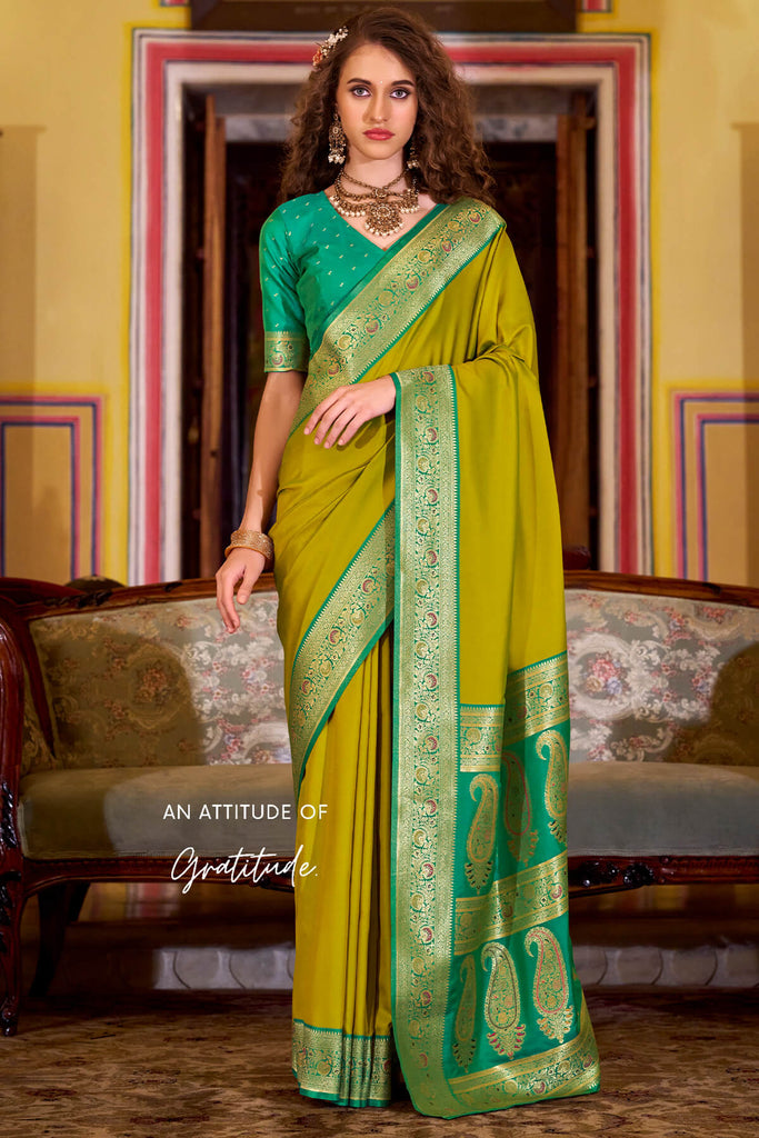 Muddy Yellow Zari Woven Soft Banarasi Silk Saree