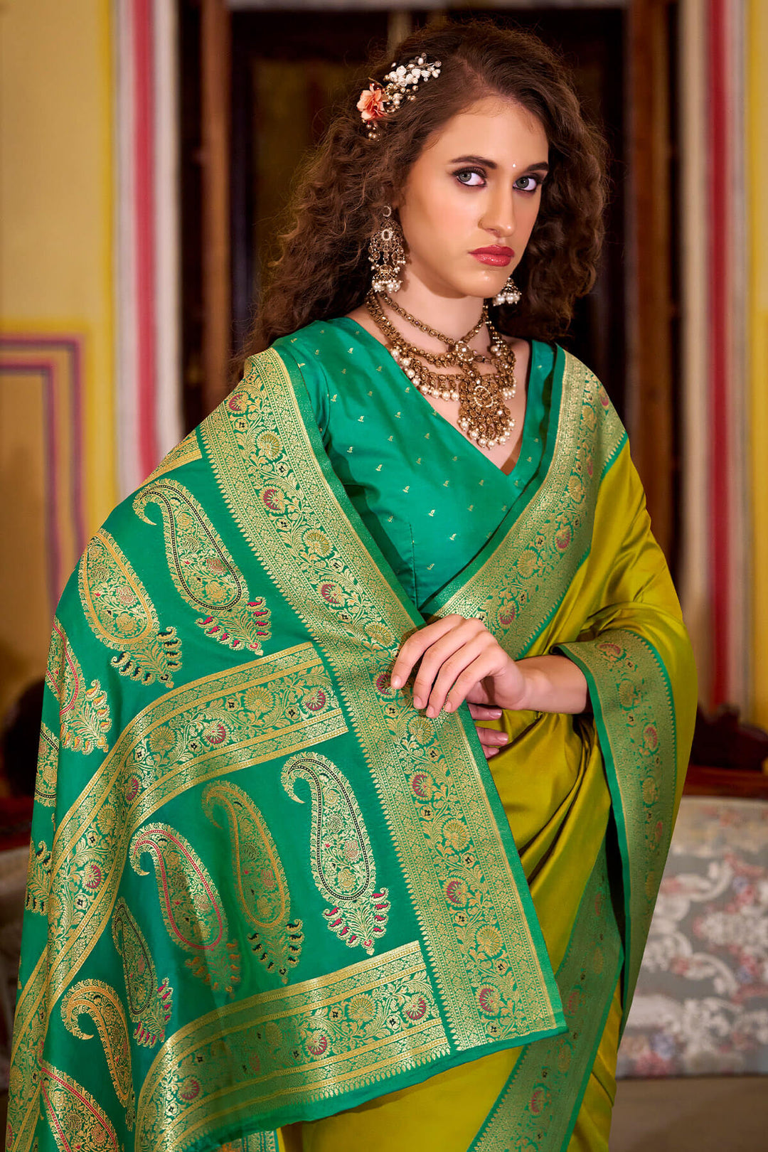 Muddy Yellow Zari Woven Soft Banarasi Silk Saree