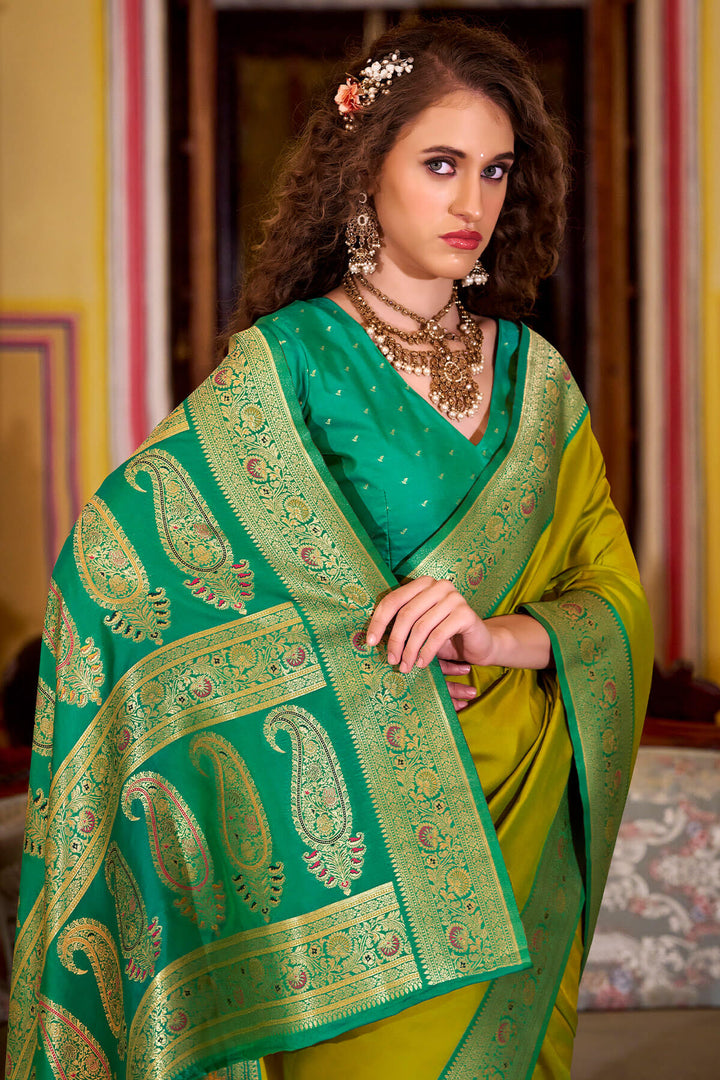 Muddy Yellow Zari Woven Soft Banarasi Silk Saree
