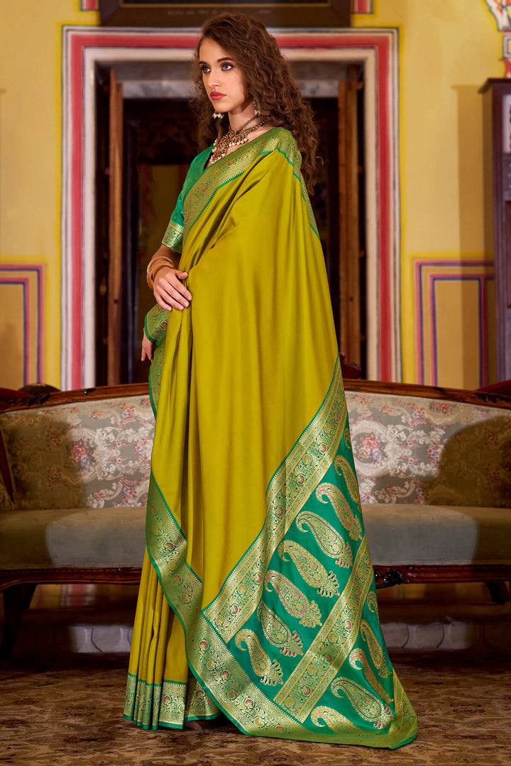 Muddy Yellow Zari Woven Soft Banarasi Silk Saree