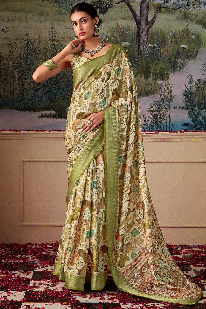 Muesli Green Printed Tussar Silk Saree