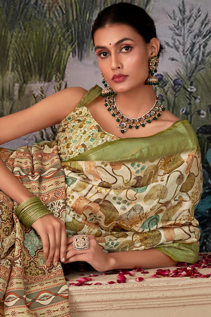 Muesli Green Printed Tussar Silk Saree