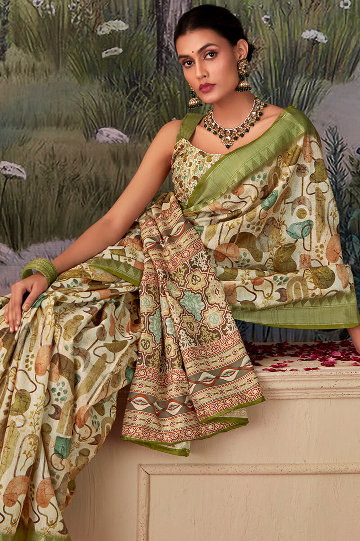 Muesli Green Printed Tussar Silk Saree