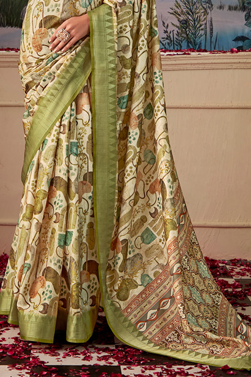 Muesli Green Printed Tussar Silk Saree