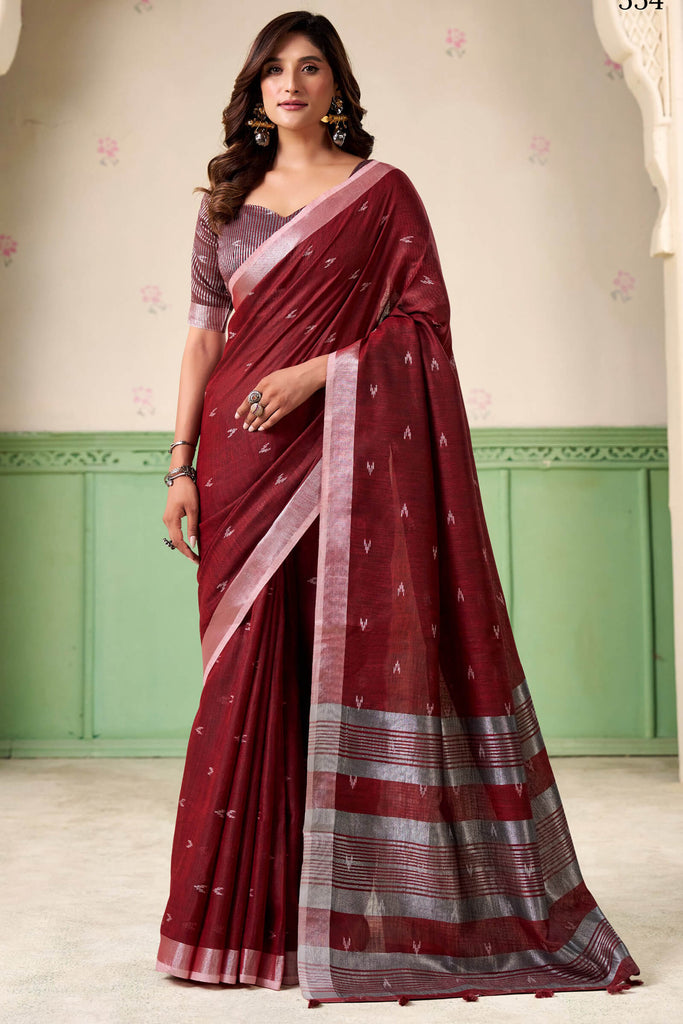 Mulberry Maroon Linen Silk Saree