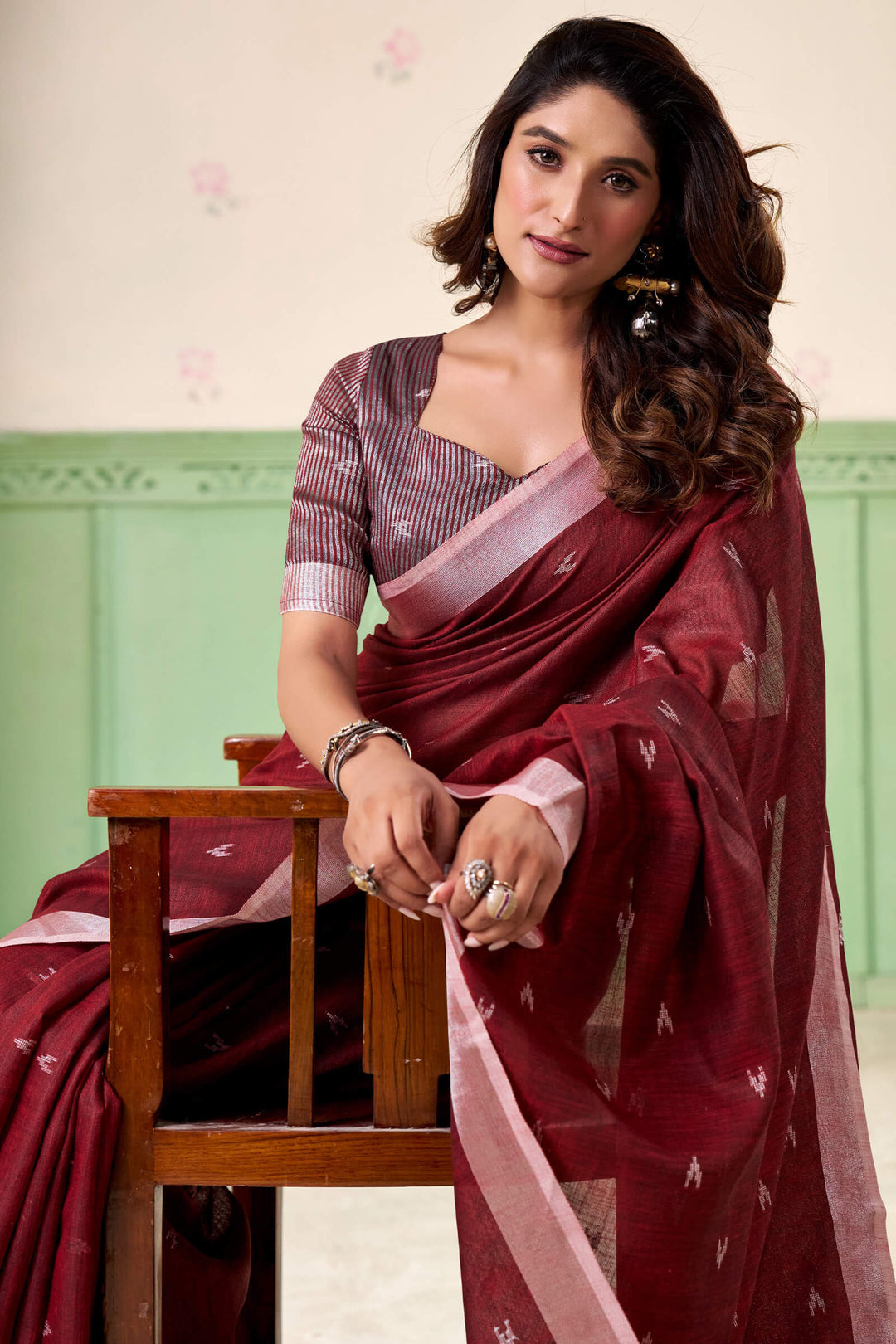 Mulberry Maroon Linen Silk Saree