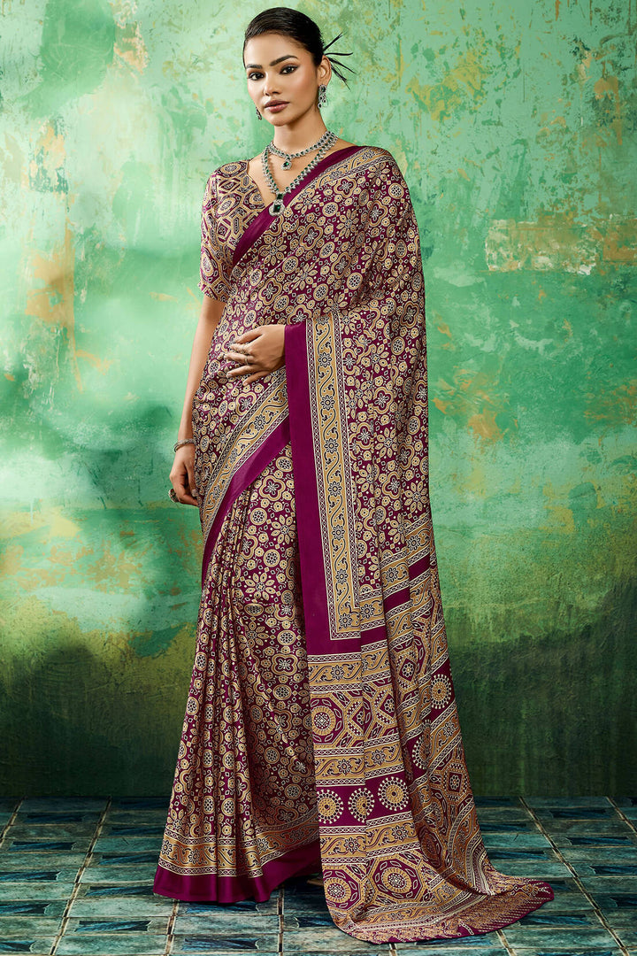 Mulberry Purple Ajrakh Printed Satin Silk Saree