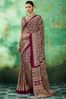 Mulberry Purple Ajrakh Printed Satin Silk Saree