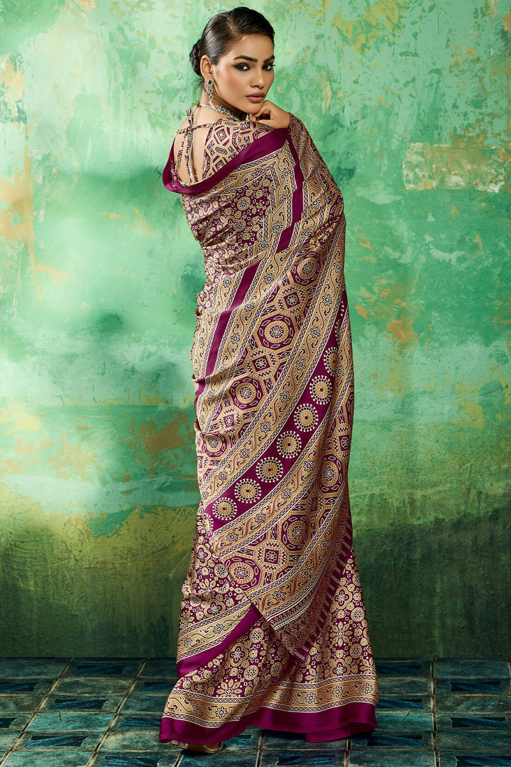 Mulberry Purple Ajrakh Printed Satin Silk Saree