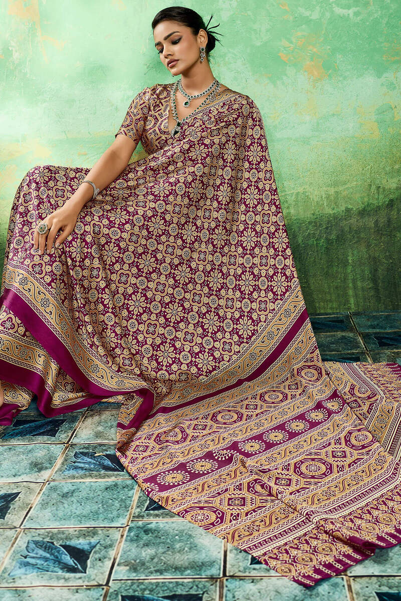 Mulberry Purple Ajrakh Printed Satin Silk Saree
