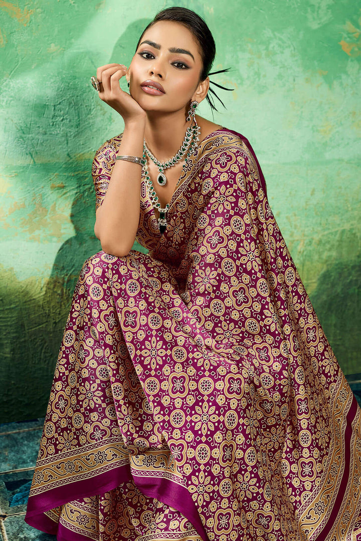 Mulberry Purple Ajrakh Printed Satin Silk Saree