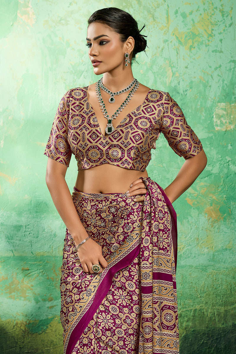 Mulberry Purple Ajrakh Printed Satin Silk Saree