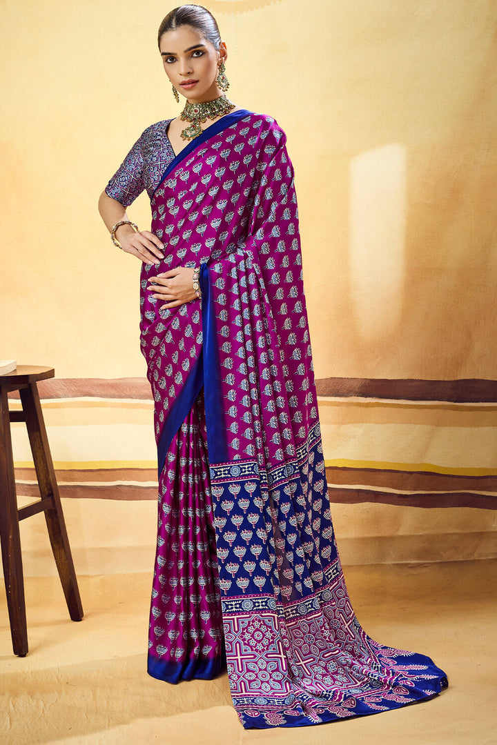 Mulberry Purple Ajrakh Printed Semi Modal Satin Silk Saree