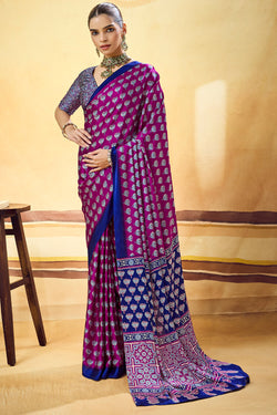 Mulberry Purple Ajrakh Printed Semi Modal Satin Silk Saree
