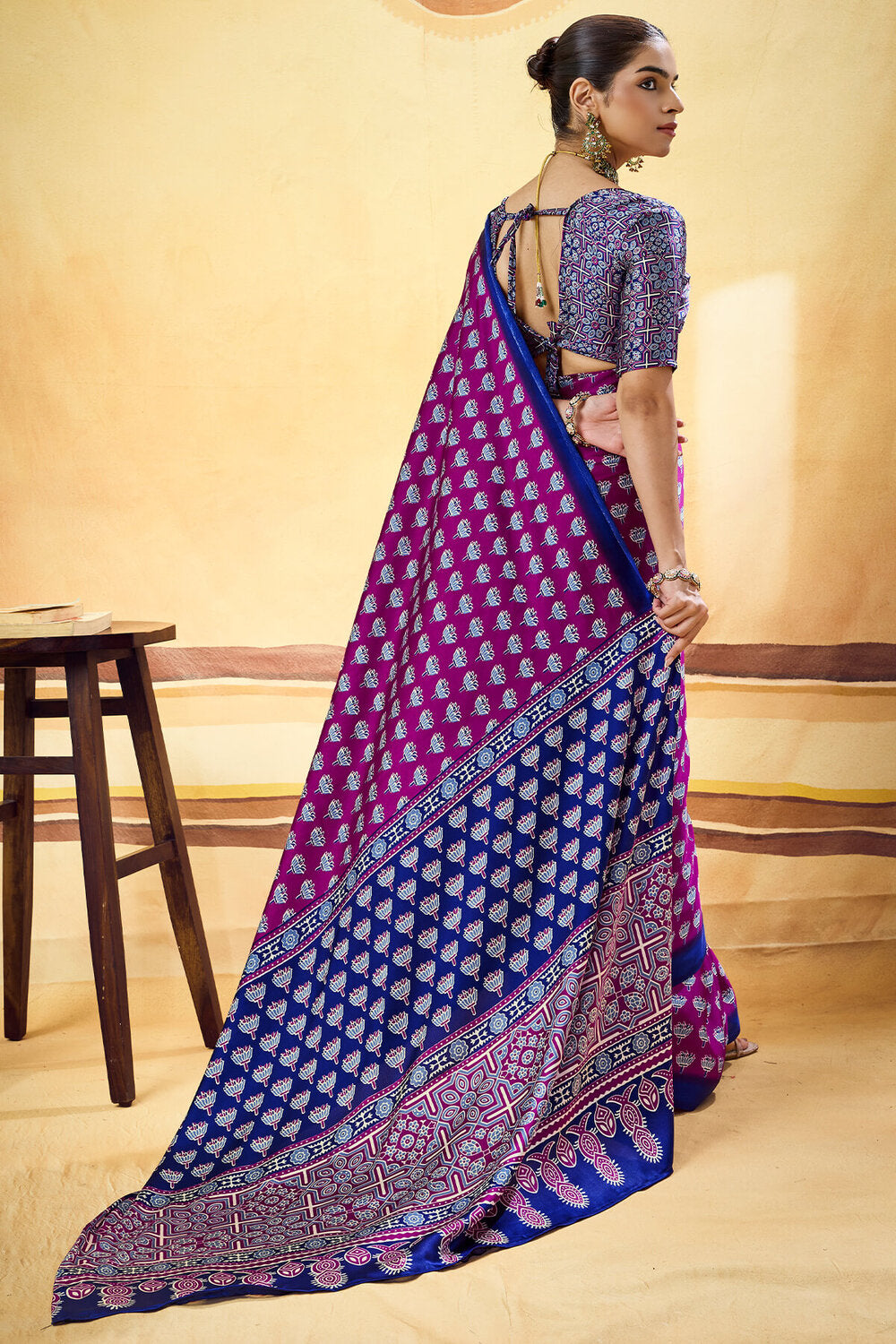 Mulberry Purple Ajrakh Printed Semi Modal Satin Silk Saree
