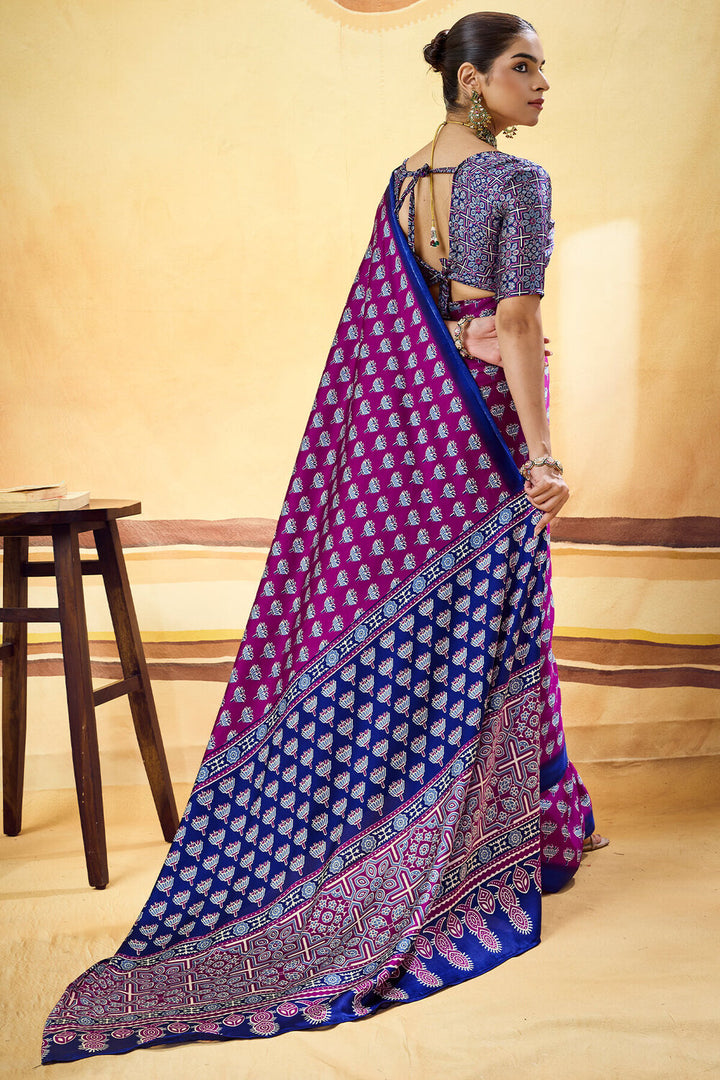 Mulberry Purple Ajrakh Printed Semi Modal Satin Silk Saree