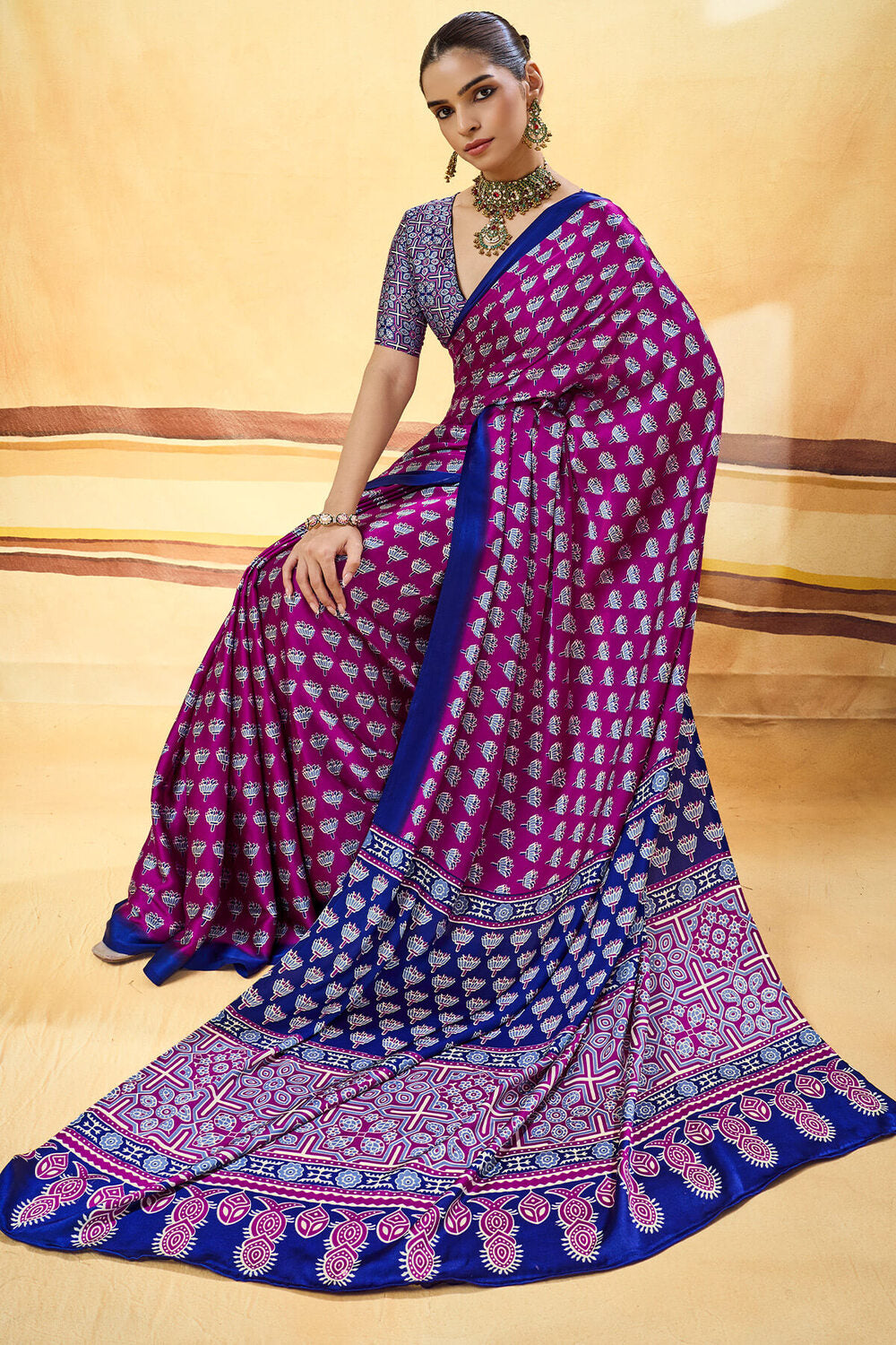 Mulberry Purple Ajrakh Printed Semi Modal Satin Silk Saree