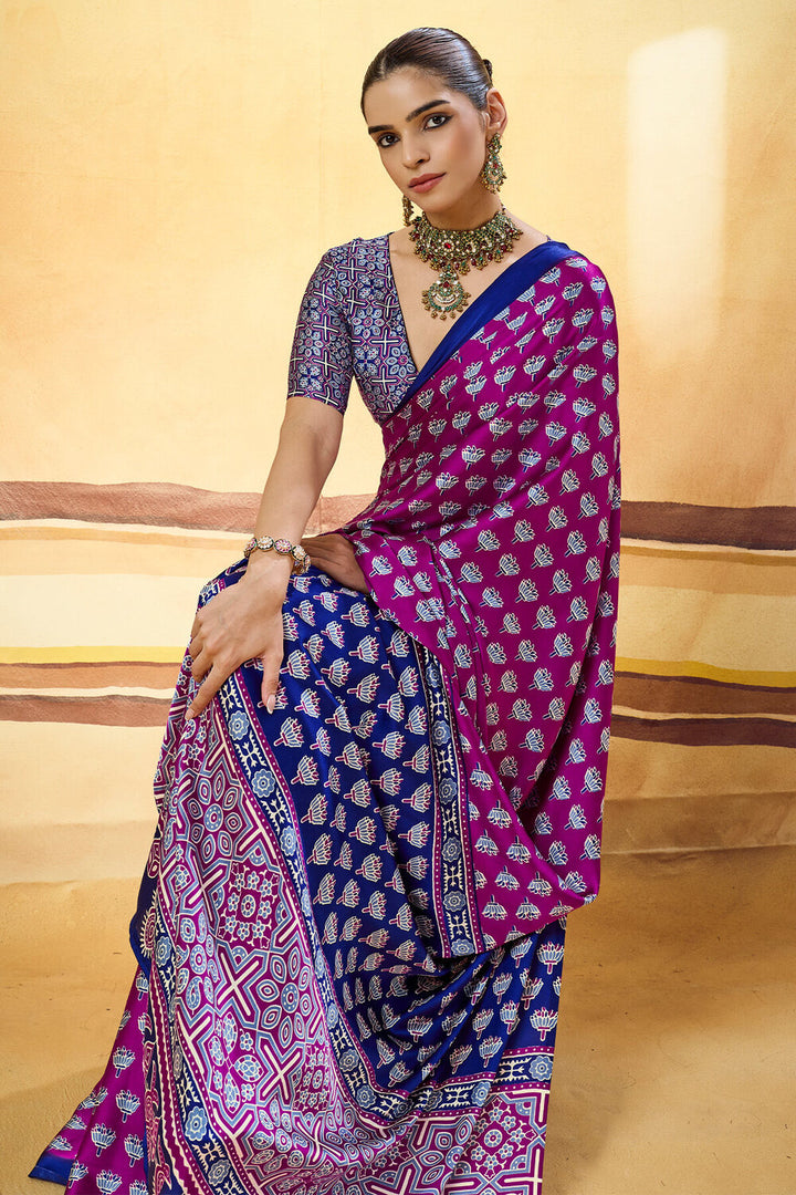 Mulberry Purple Ajrakh Printed Semi Modal Satin Silk Saree