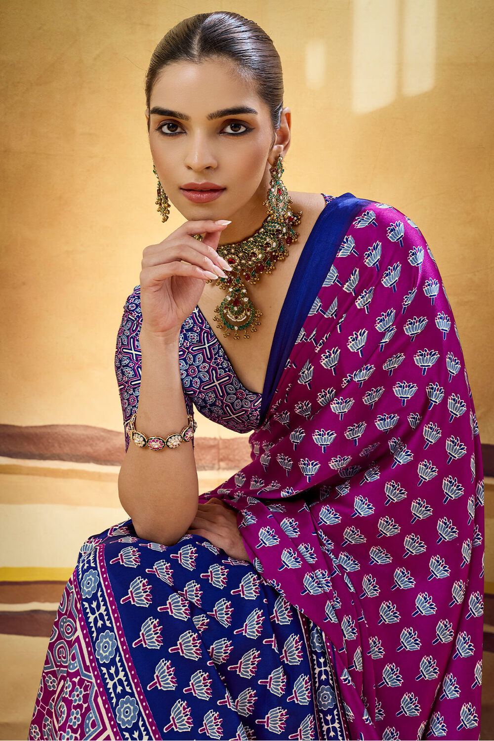 Mulberry Purple Ajrakh Printed Semi Modal Satin Silk Saree
