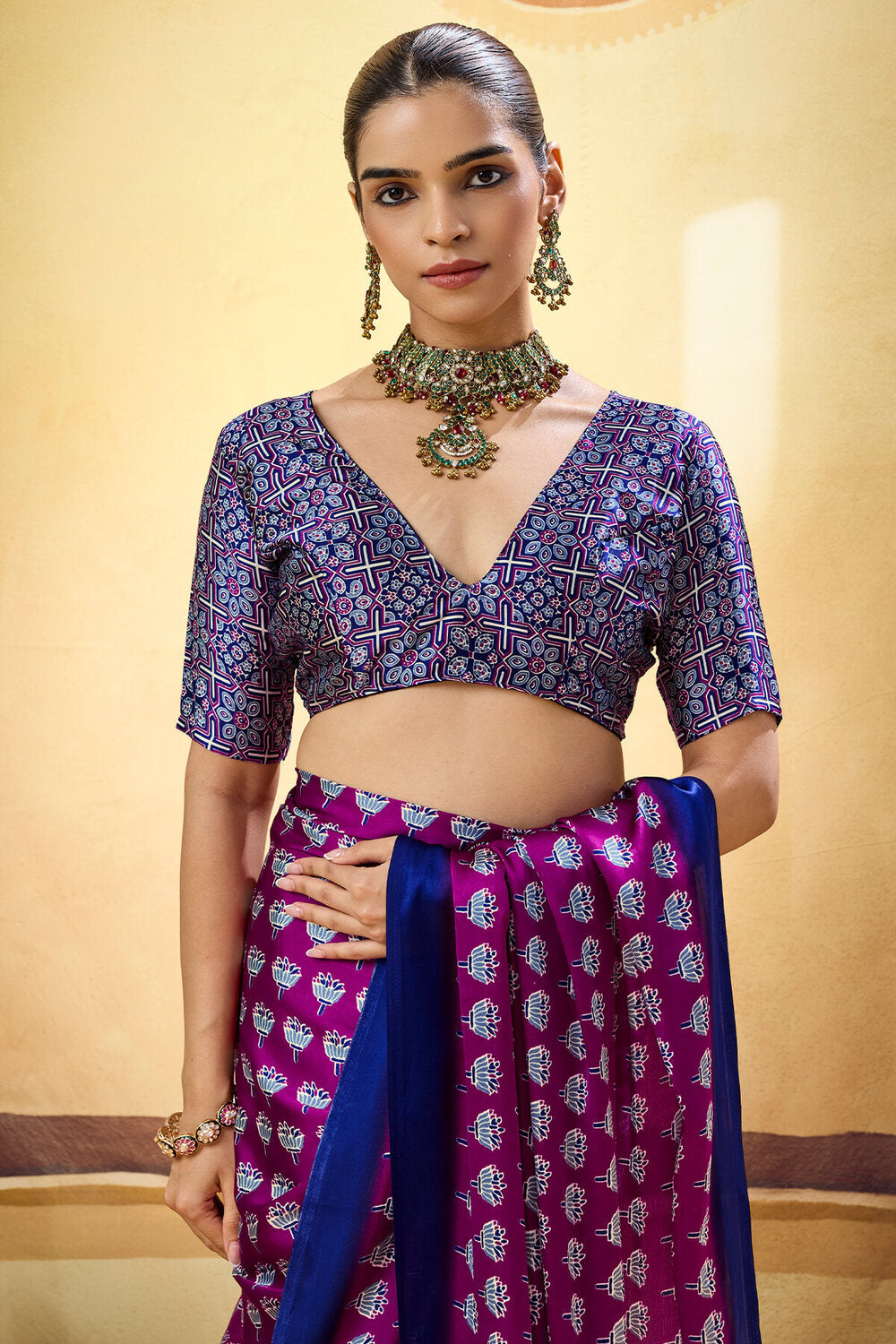 Mulberry Purple Ajrakh Printed Semi Modal Satin Silk Saree