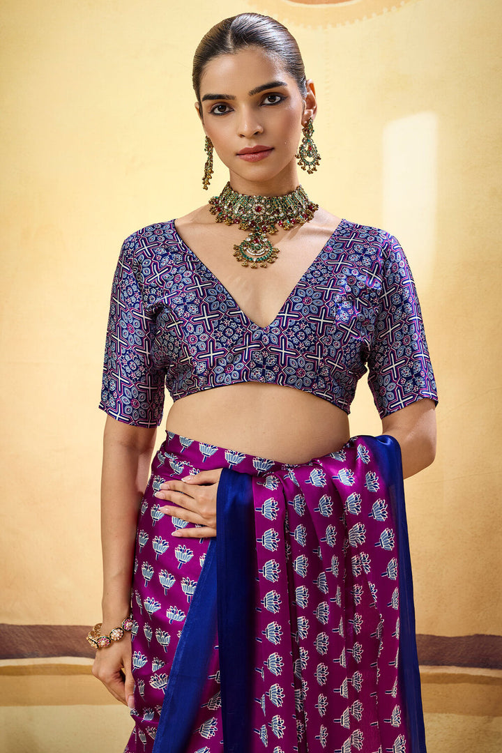 Mulberry Purple Ajrakh Printed Semi Modal Satin Silk Saree