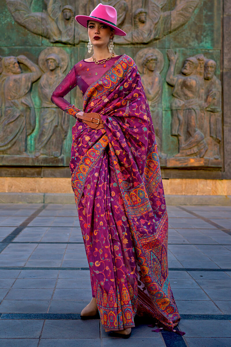 Mulberry Purple Kashmiri Weaving Organza Silk Saree