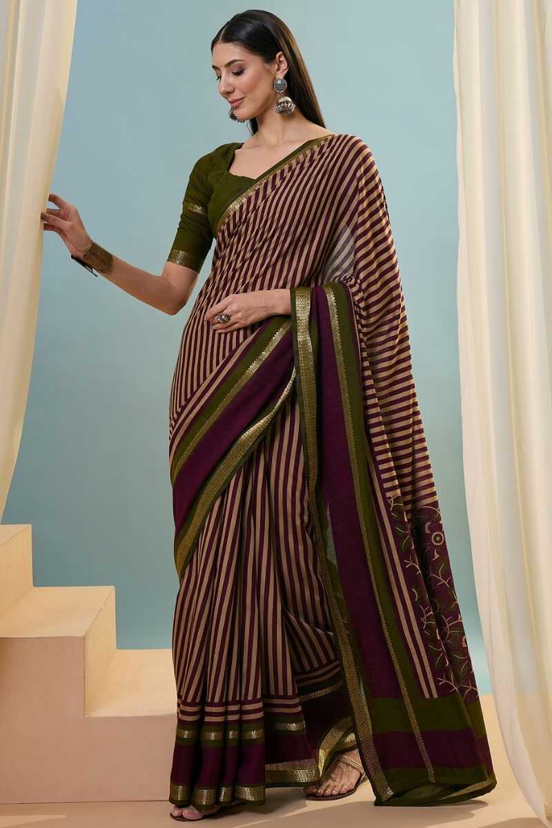 Mulberry Purple Printed Cotton Saree with Zari Woven Border