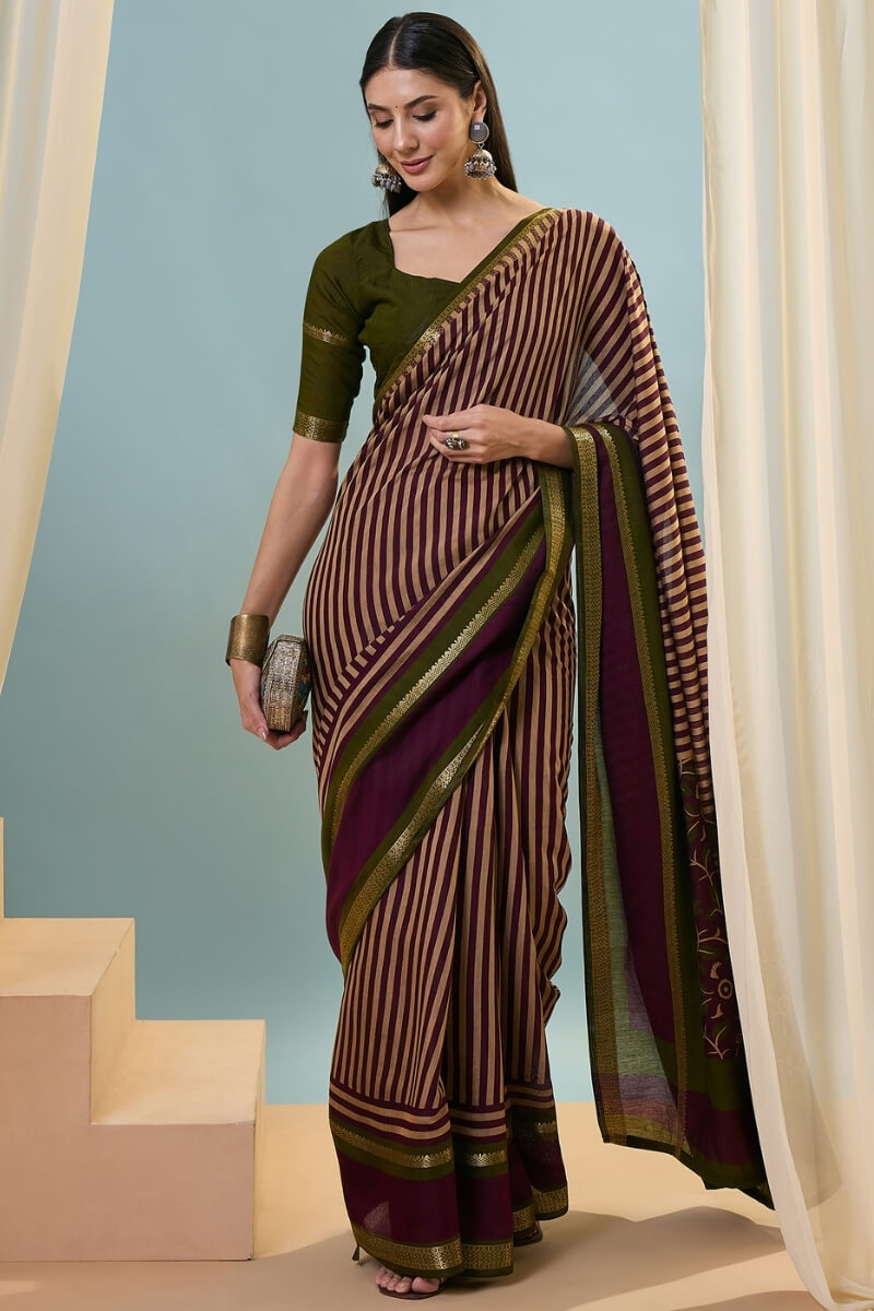 Mulberry Purple Printed Cotton Saree with Zari Woven Border
