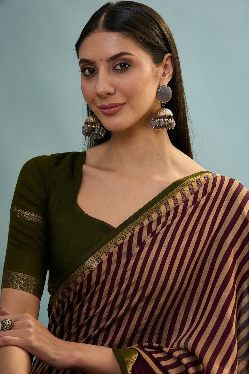 Mulberry Purple Printed Cotton Saree with Zari Woven Border