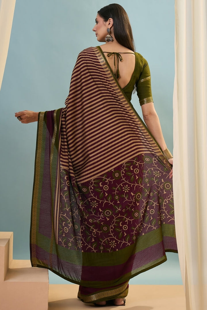 Mulberry Purple Printed Cotton Saree with Zari Woven Border