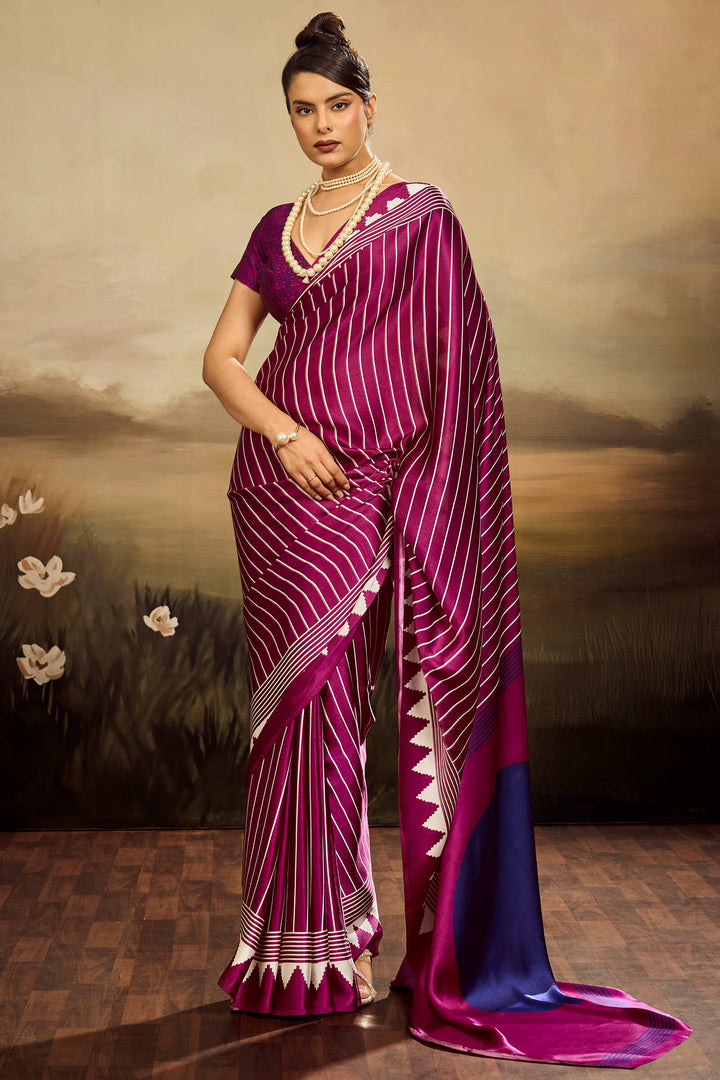 Mulberry Wine Ajrakh Printed Satin Silk Saree