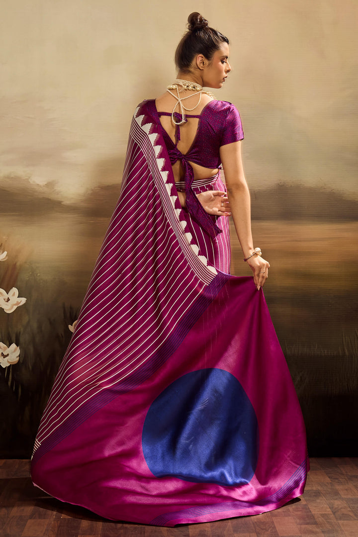 Mulberry Wine Ajrakh Printed Satin Silk Saree