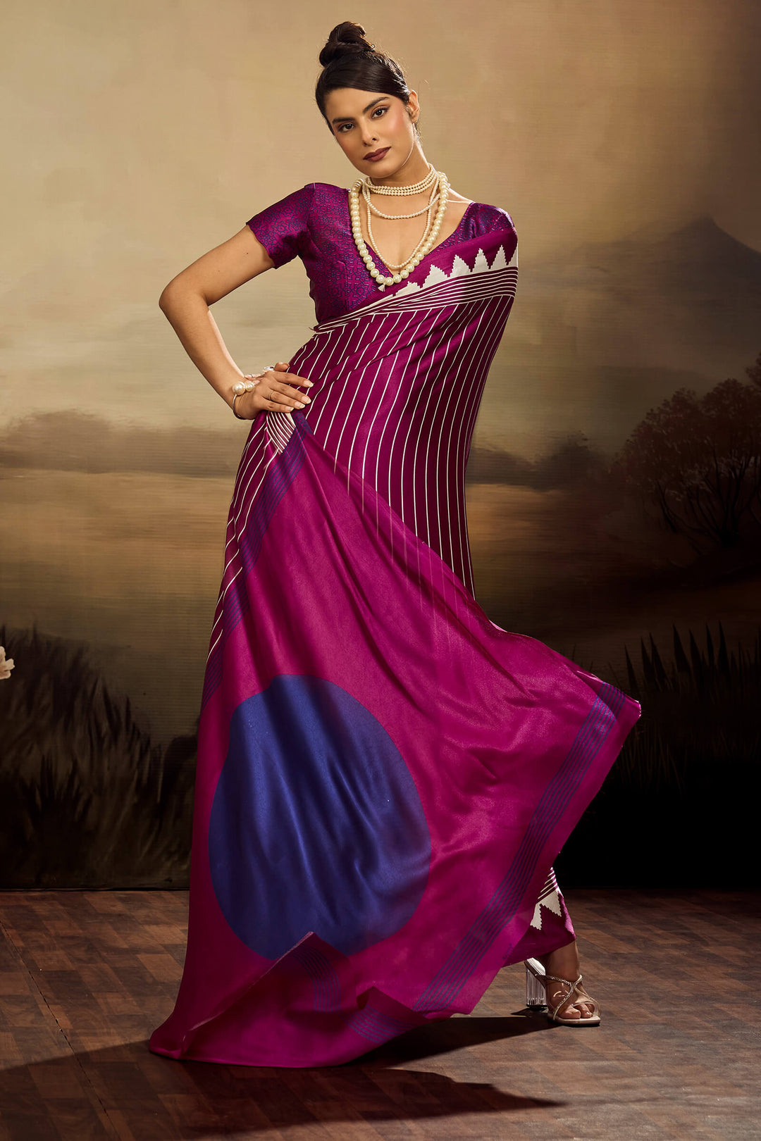 Mulberry Wine Ajrakh Printed Satin Silk Saree