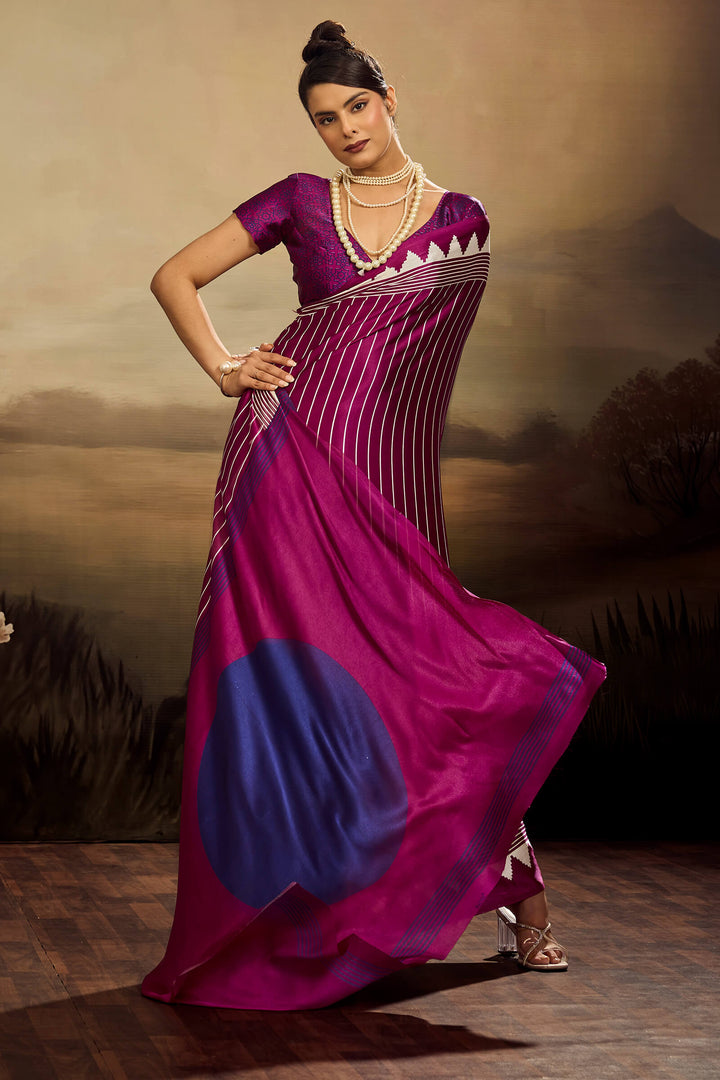 Mulberry Wine Ajrakh Printed Satin Silk Saree