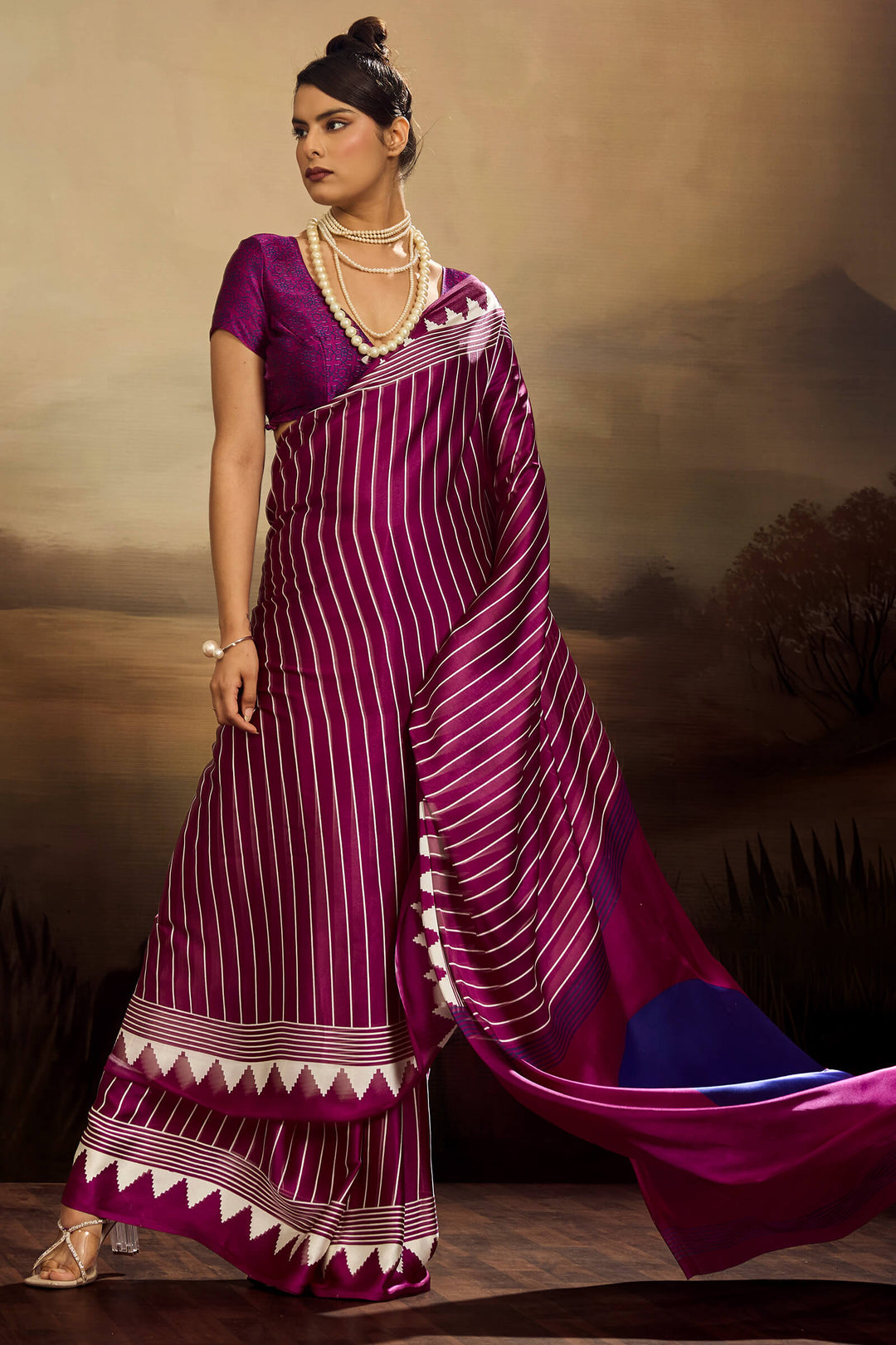 Mulberry Wine Ajrakh Printed Satin Silk Saree