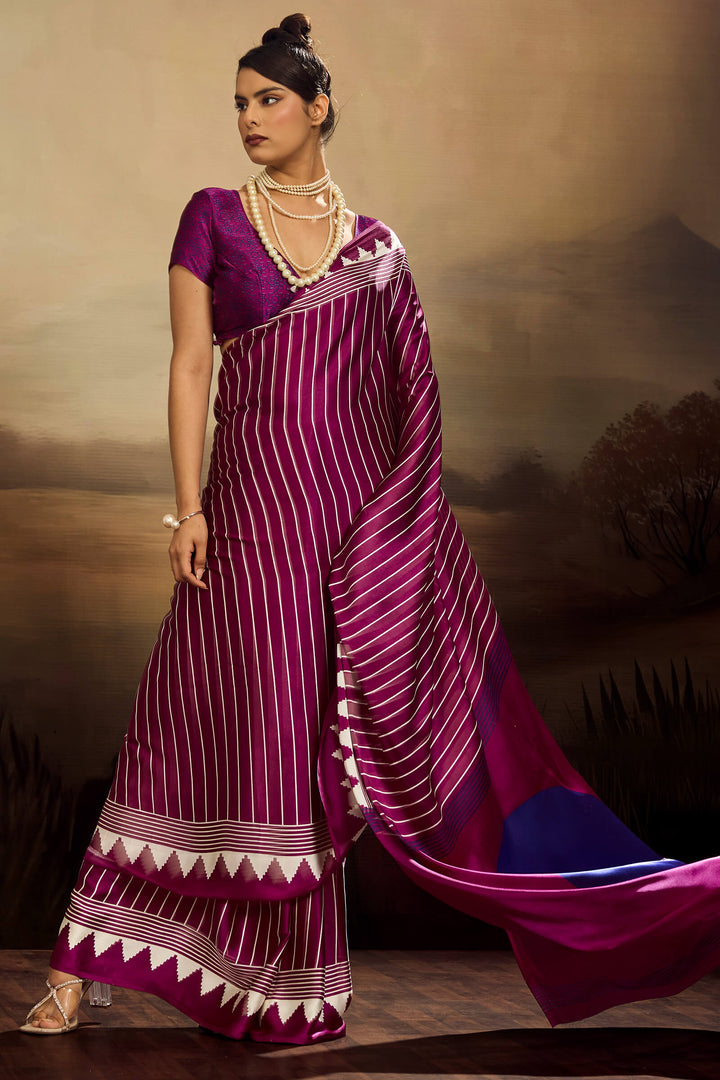 Mulberry Wine Ajrakh Printed Satin Silk Saree