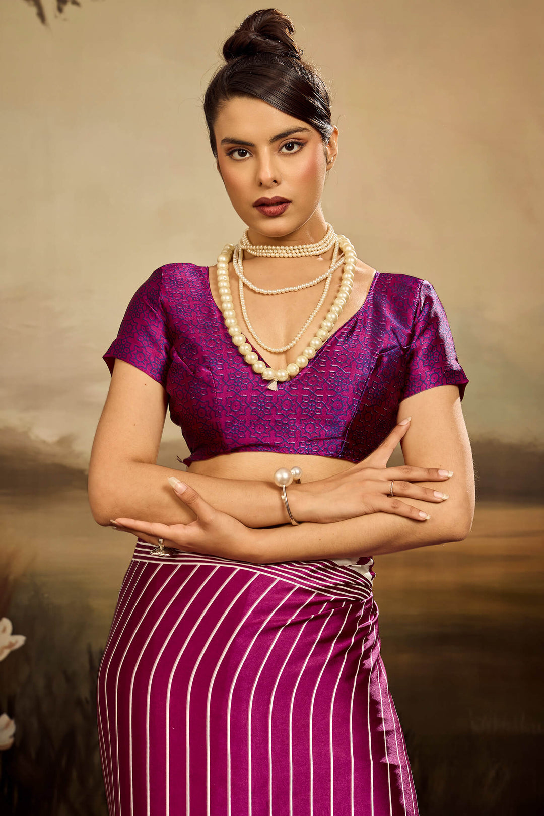Mulberry Wine Ajrakh Printed Satin Silk Saree