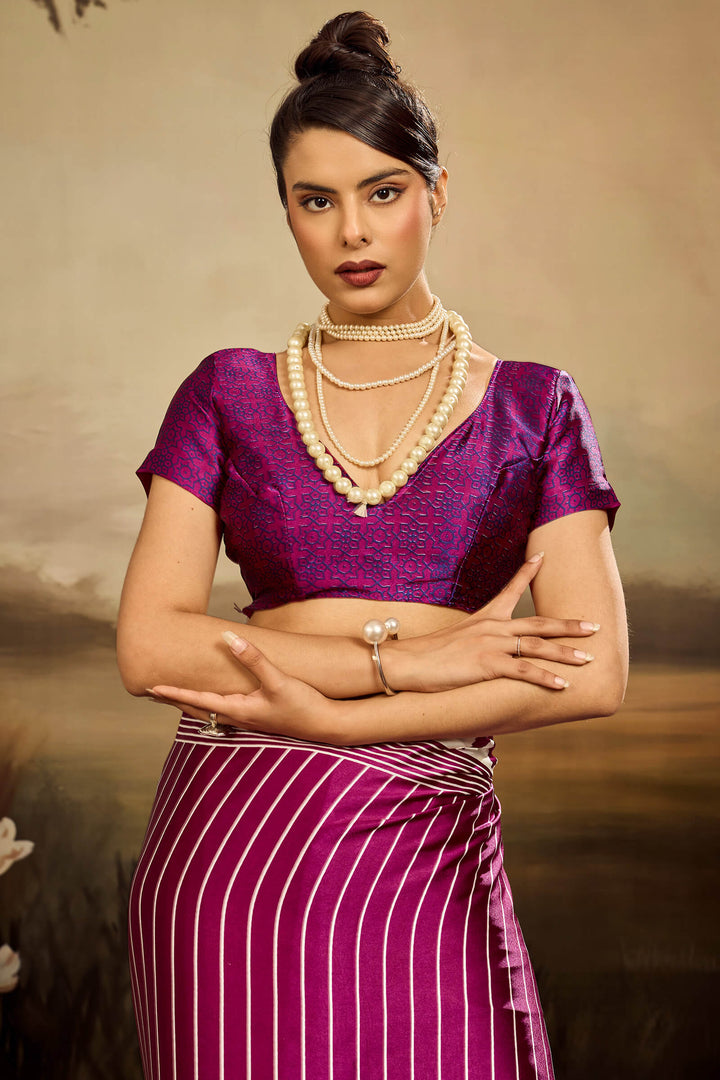 Mulberry Wine Ajrakh Printed Satin Silk Saree