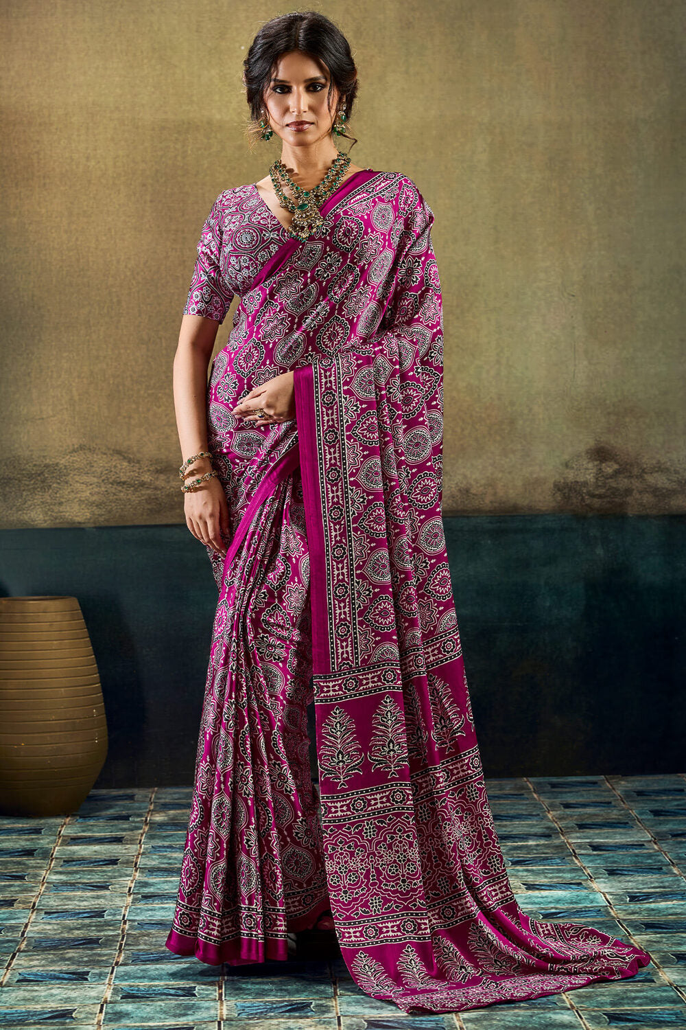 Mulberry Wine Ajrakh Printed Semi Modal Satin Silk Saree