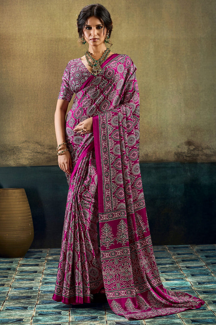 Mulberry Wine Ajrakh Printed Semi Modal Satin Silk Saree