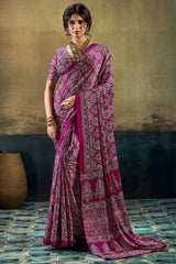 Mulberry Wine Ajrakh Printed Semi Modal Satin Silk Saree