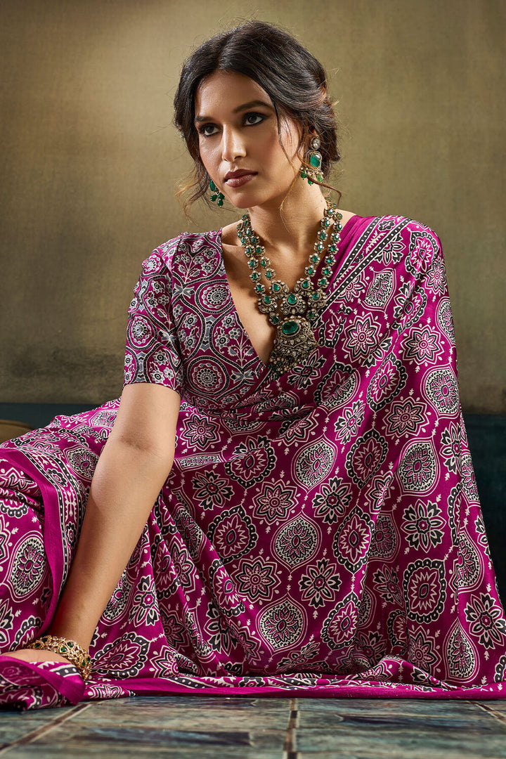 Mulberry Wine Ajrakh Printed Semi Modal Satin Silk Saree