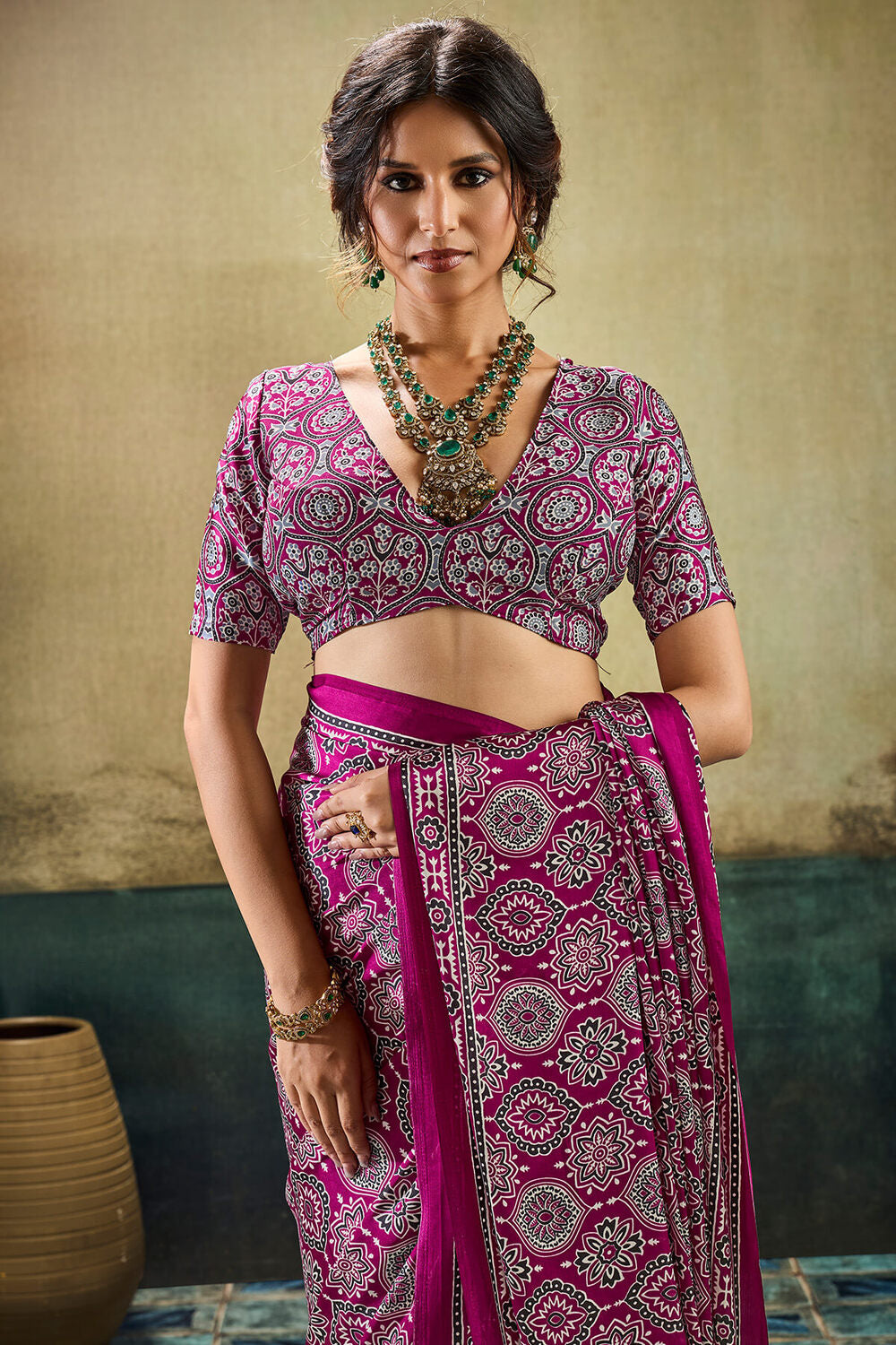 Mulberry Wine Ajrakh Printed Semi Modal Satin Silk Saree